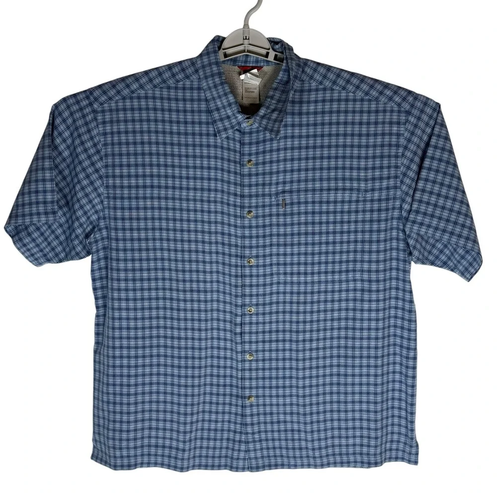 The North Face Men XL Blue Plaid Short Sleeve Button Up Hiking Shirt Modal Blend